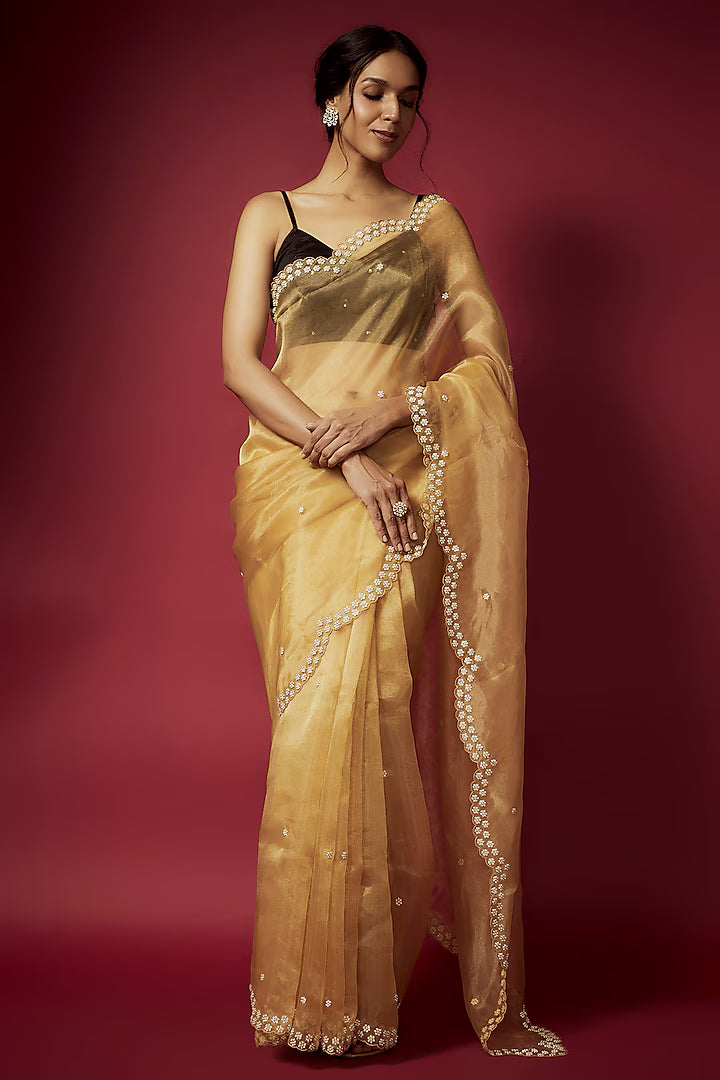 Golden Organza Zardosi Work Scalloped Saree Set