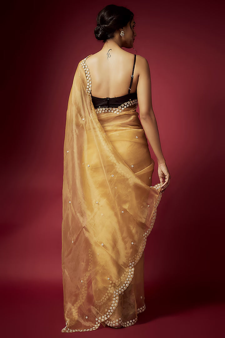 Golden Organza Zardosi Work Scalloped Saree Set