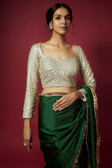 Navy Blue Recycled Polyester Printed Lehenga Set