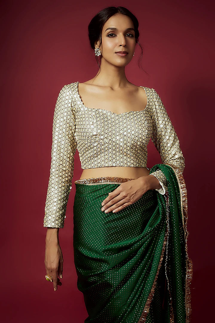 Navy Blue Recycled Polyester Printed Lehenga Set