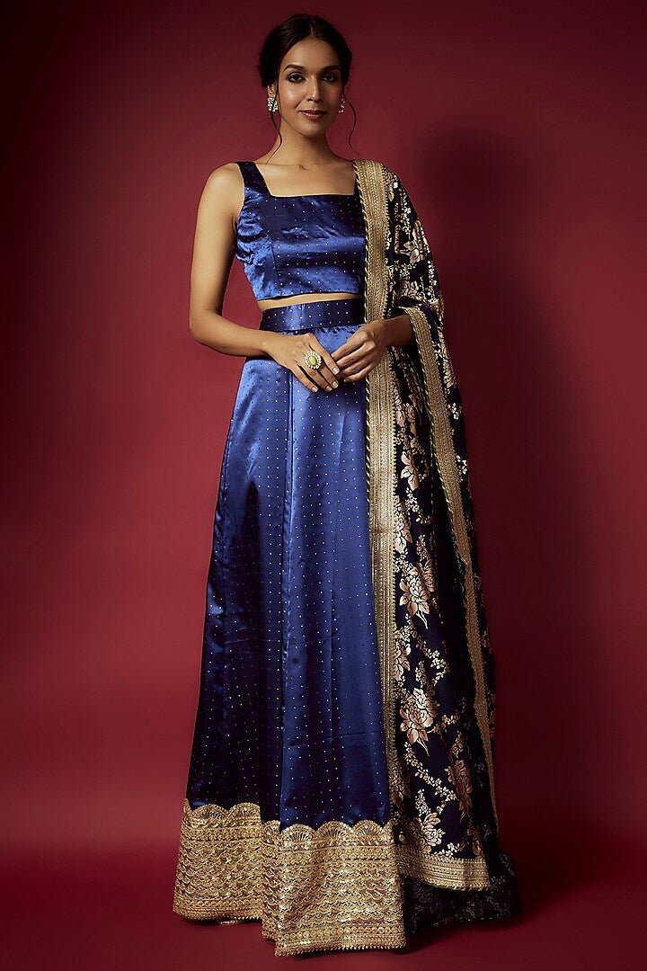 Navy Blue Recycled Polyester Printed Lehenga Set