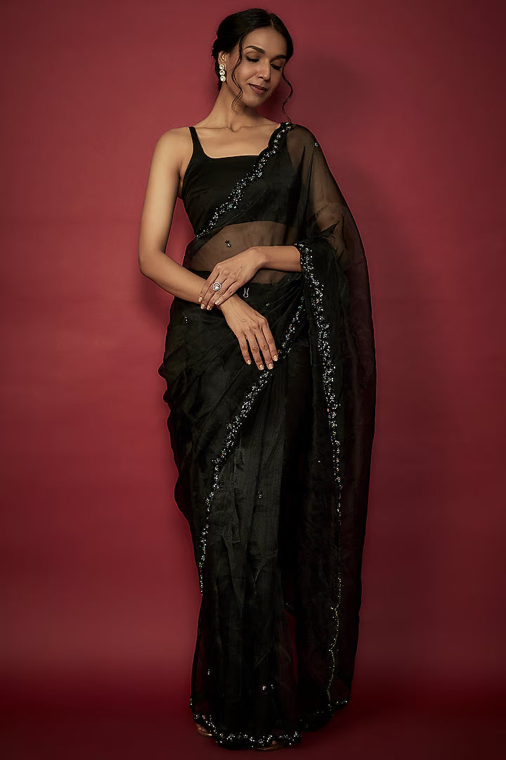 Black Silk Organza Crystal & Stone Hand Embroidered Saree Set