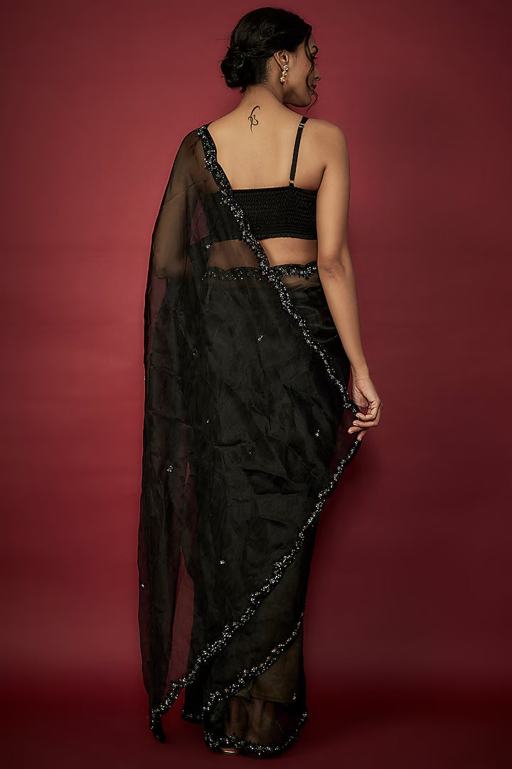 Black Silk Organza Crystal & Stone Hand Embroidered Saree Set