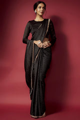 Black Recycled Polyester Gota Shimmer Fringed Saree Set