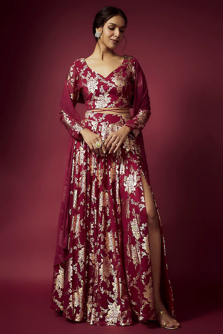Maroon Recycled Polyester Foil Printed Lehenga Set