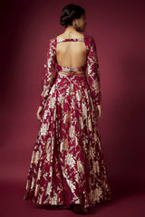 Maroon Recycled Polyester Foil Printed Lehenga Set