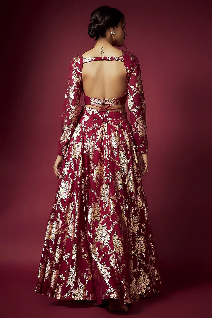 Maroon Recycled Polyester Foil Printed Lehenga Set