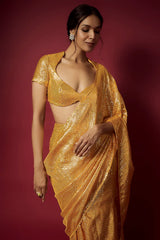 Mango Yellow Recycled Polyester Sequins Pre-Draped Saree Set