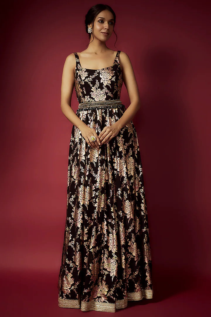 Black Recycled Polyester Foil Printed Gown With Belt
