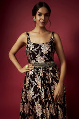Black Recycled Polyester Foil Printed Gown With Belt
