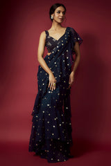 Navy Blue Recycled Polyester Pre-Draped Sequins Saree Set