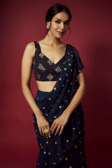 Navy Blue Recycled Polyester Pre-Draped Sequins Saree Set