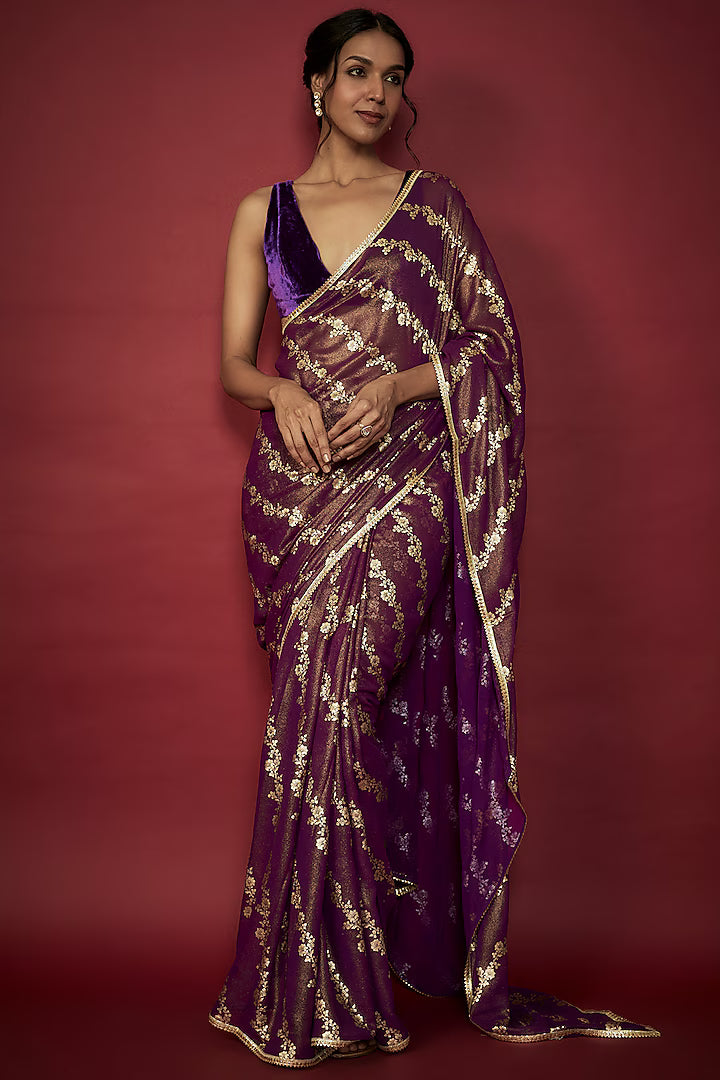 Purple Georgette Leheriya Foil Printed Saree Set