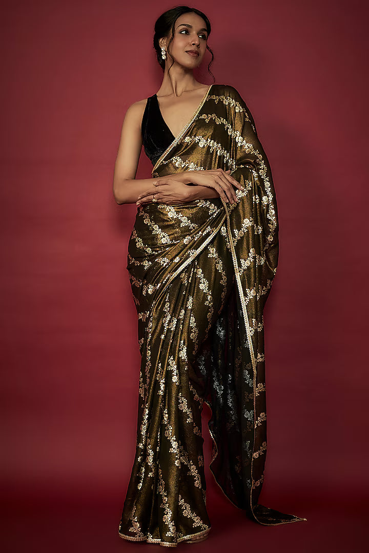 Black Georgette Leheriya Foil Printed Saree Set