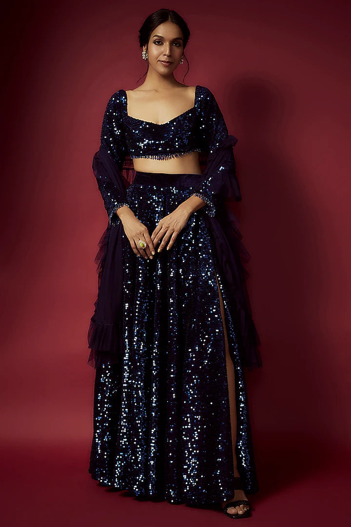 Navy Blue Recycled Polyester Sequins Lehenga Set