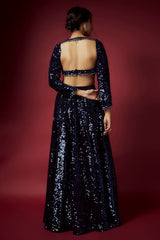 Navy Blue Recycled Polyester Sequins Lehenga Set