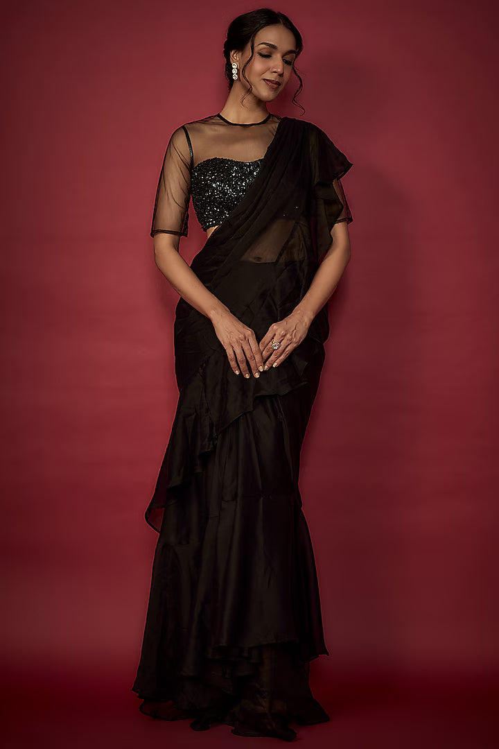 Black Satin Georgette Ruffled Pre-Draped Saree Set