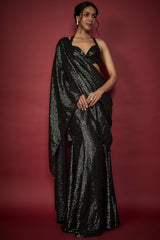Black Recycled Polyester Sequin Embroidered Pre-Draped Saree Set
