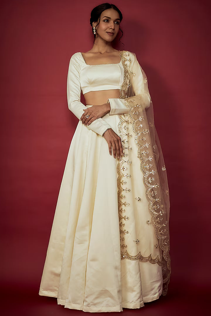 Off-White Heavy Satin Lehenga Set