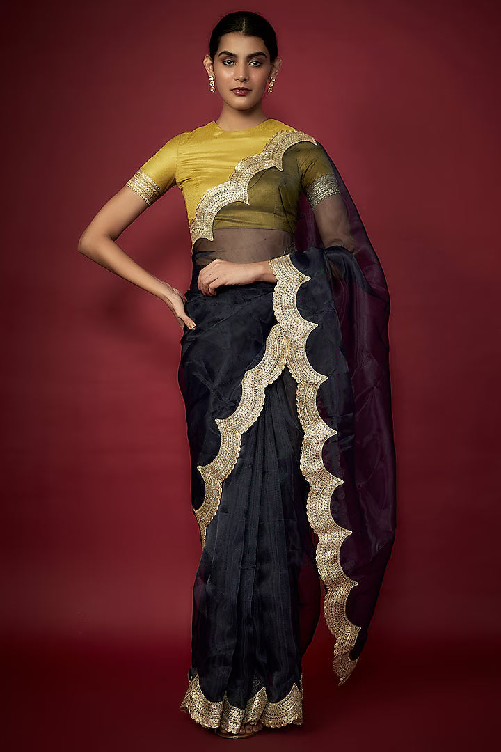Navy Blue Organza Metallic Embroidered Scalloped Saree Set