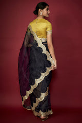 Navy Blue Organza Metallic Embroidered Scalloped Saree Set