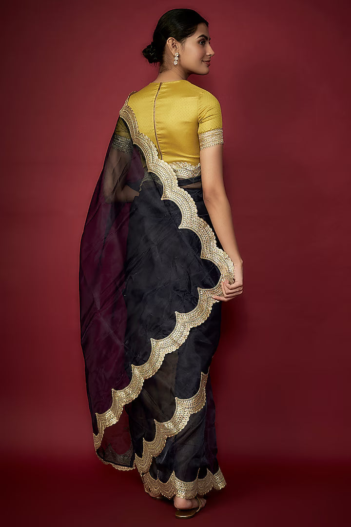 Navy Blue Organza Metallic Embroidered Scalloped Saree Set