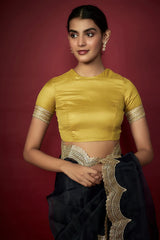 Navy Blue Organza Metallic Embroidered Scalloped Saree Set