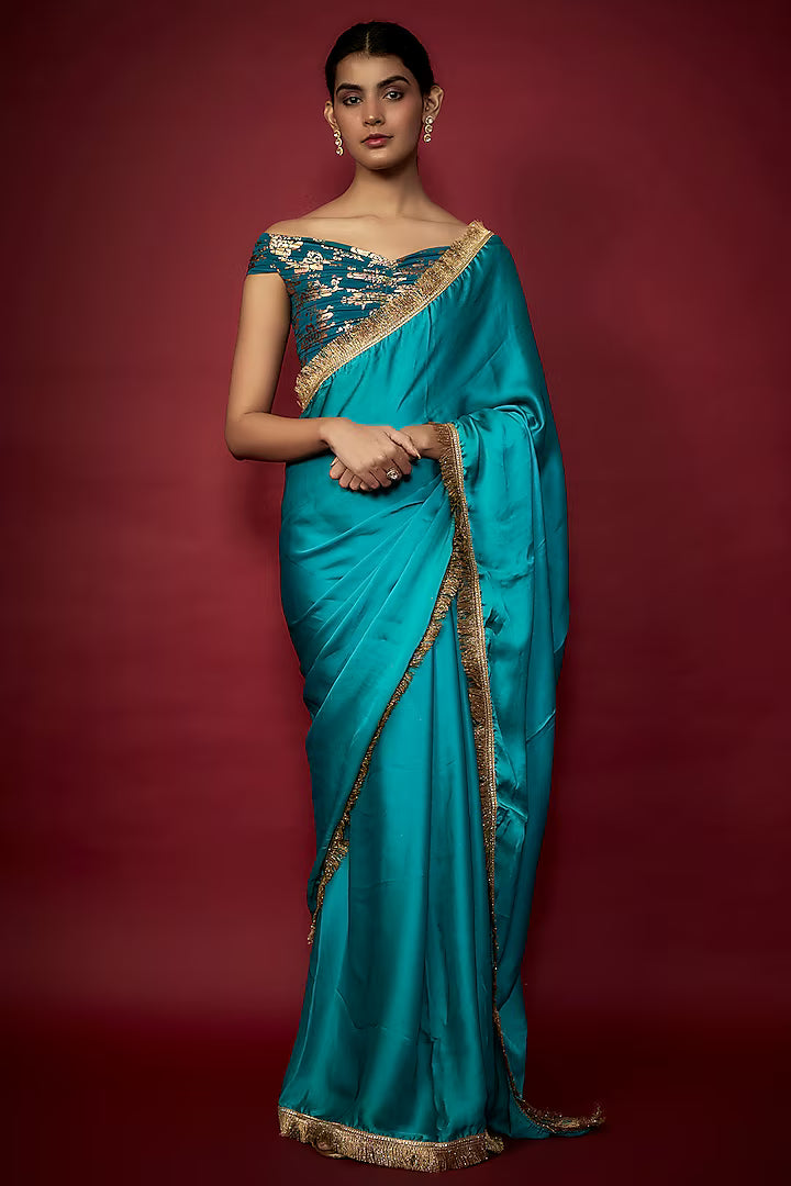 Teal Blue Recycled Polyester Gota Fringed Saree Set