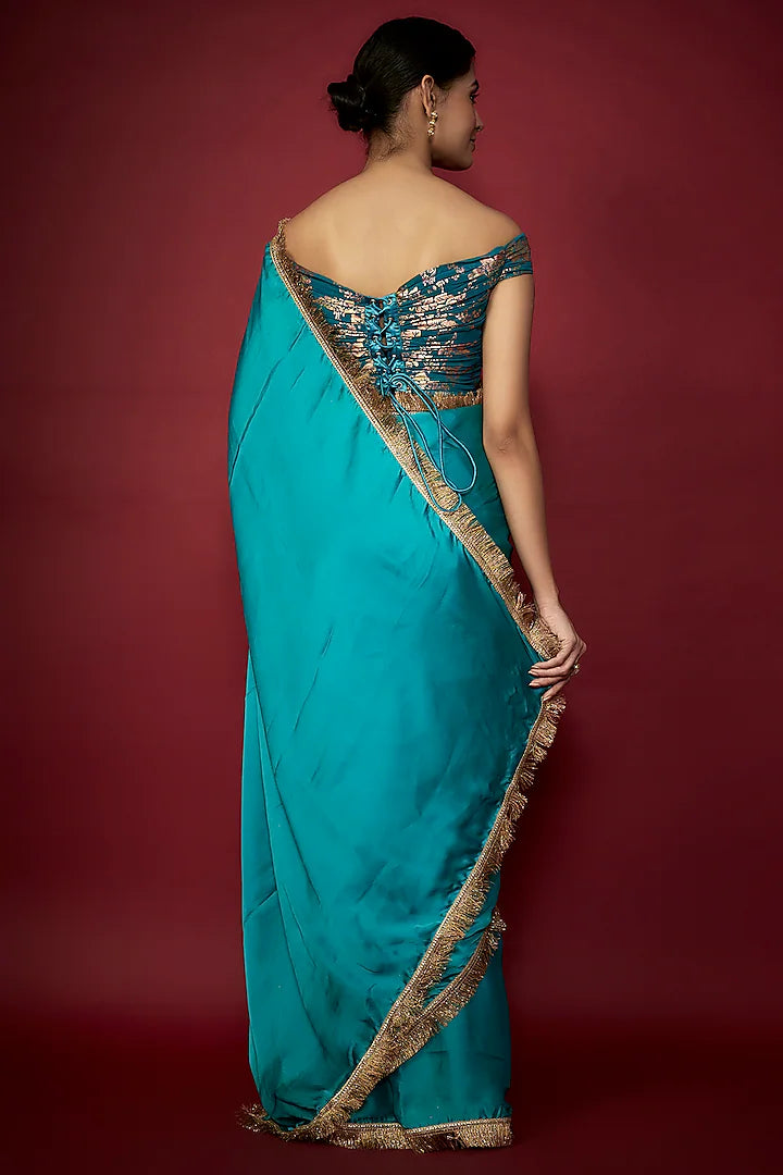 Teal Blue Recycled Polyester Gota Fringed Saree Set