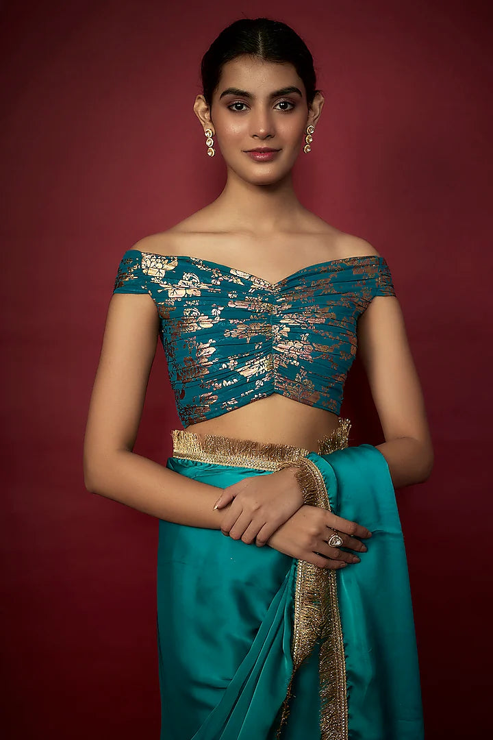 Teal Blue Recycled Polyester Gota Fringed Saree Set