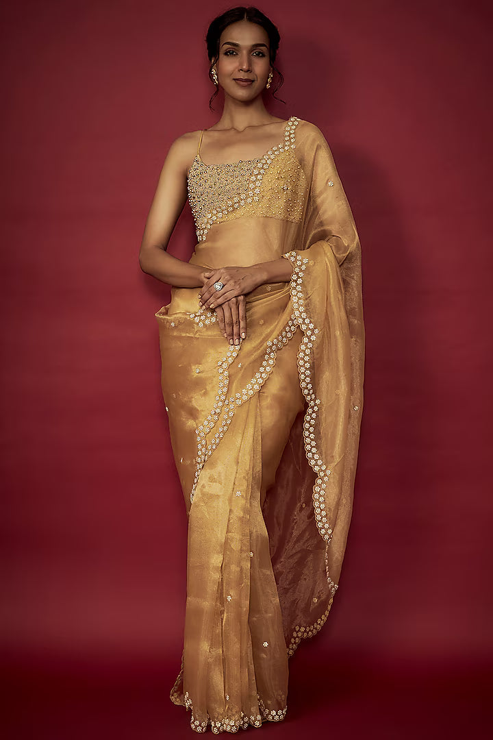 Gold Silk Organza Bead Hand Embroidered Saree Set