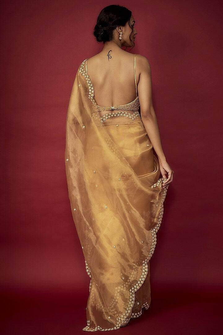 Gold Silk Organza Bead Hand Embroidered Saree Set