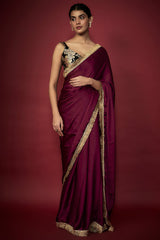 Purple Recycled Polyester Gota Fringed Saree Set