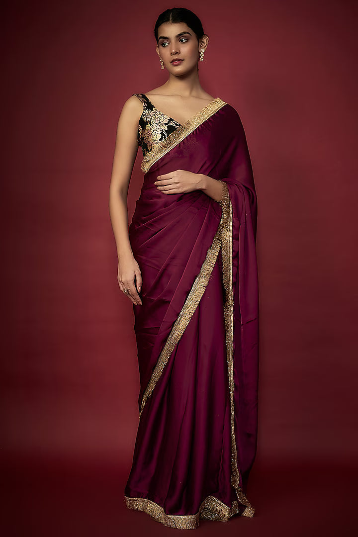 Purple Recycled Polyester Gota Fringed Saree Set