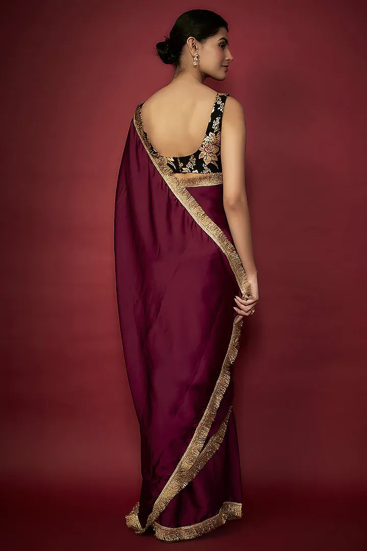 Purple Recycled Polyester Gota Fringed Saree Set