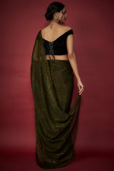 Olive Green Chiffon Zari Embroidered Saree Set