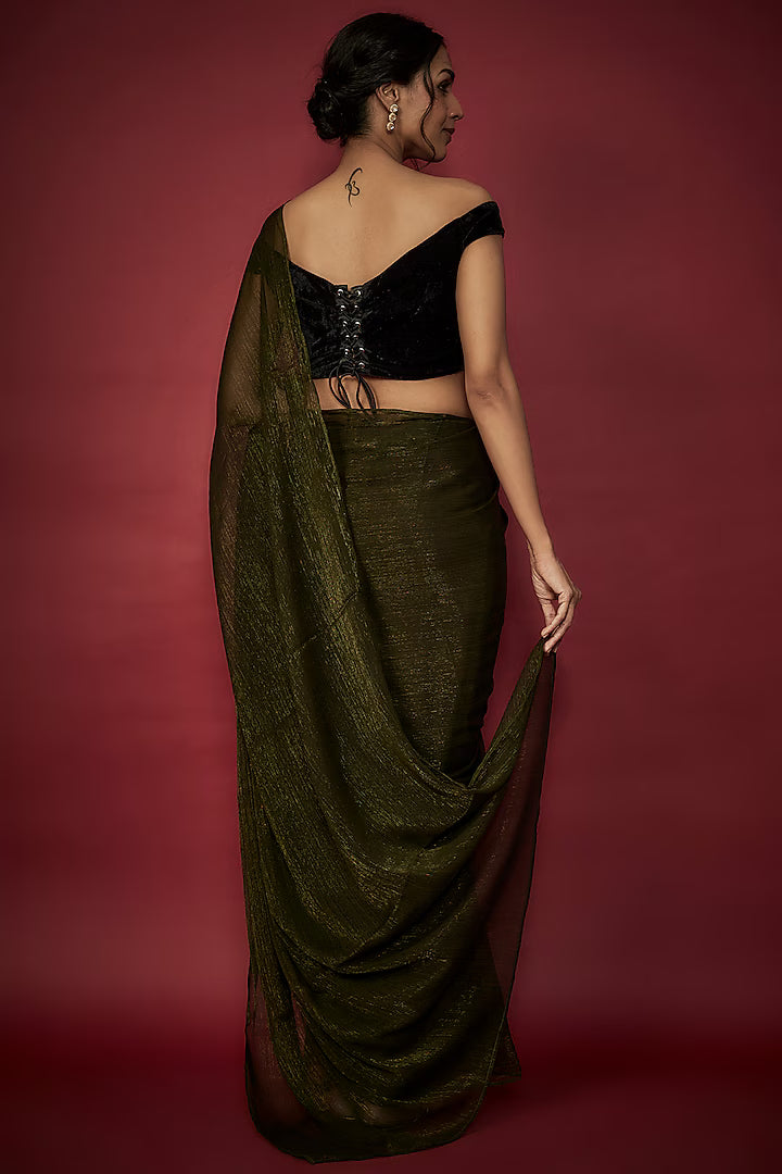 Olive Green Chiffon Zari Embroidered Saree Set