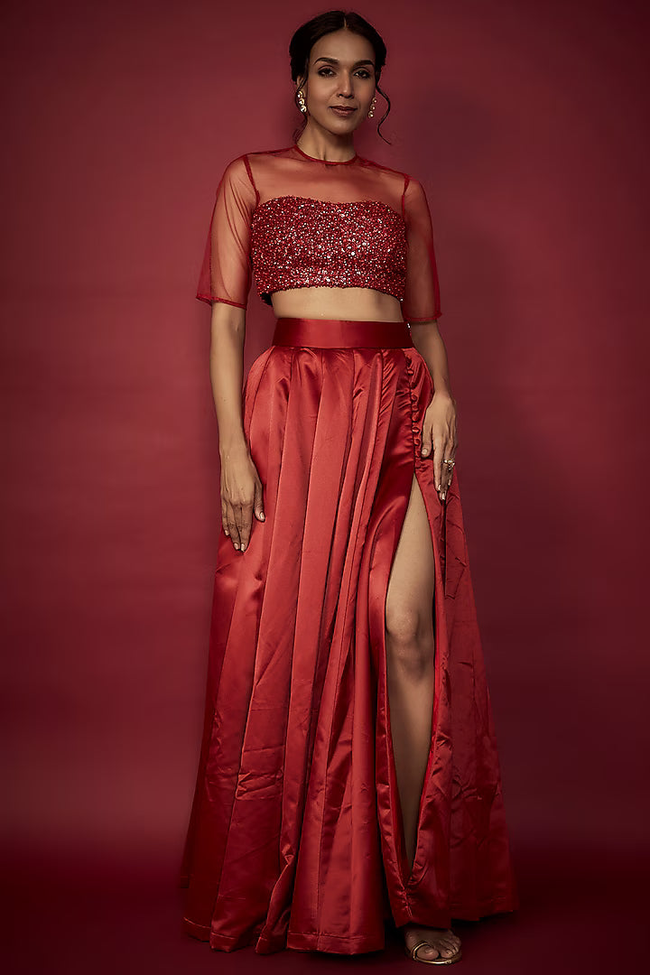 Deep Red Heavy Satin Lehenga Set