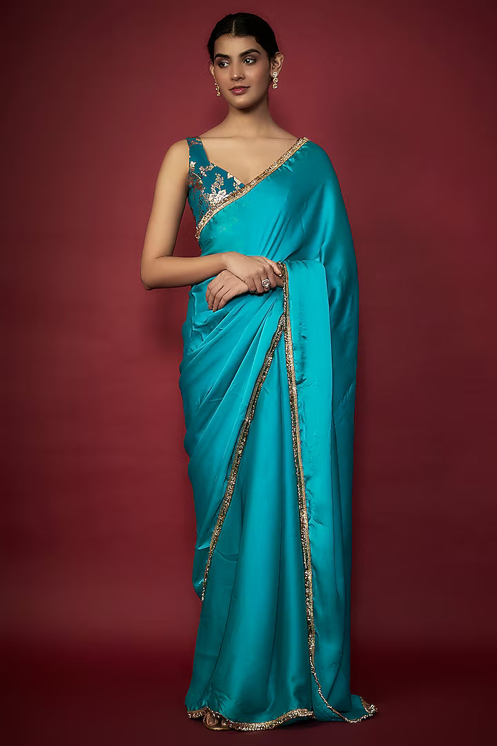 Teal Blue Recycled Polyester Gota Fringed Saree Set