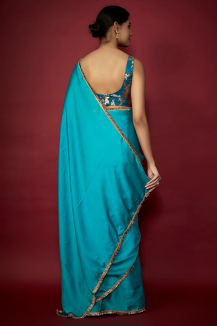 Teal Blue Recycled Polyester Gota Fringed Saree Set
