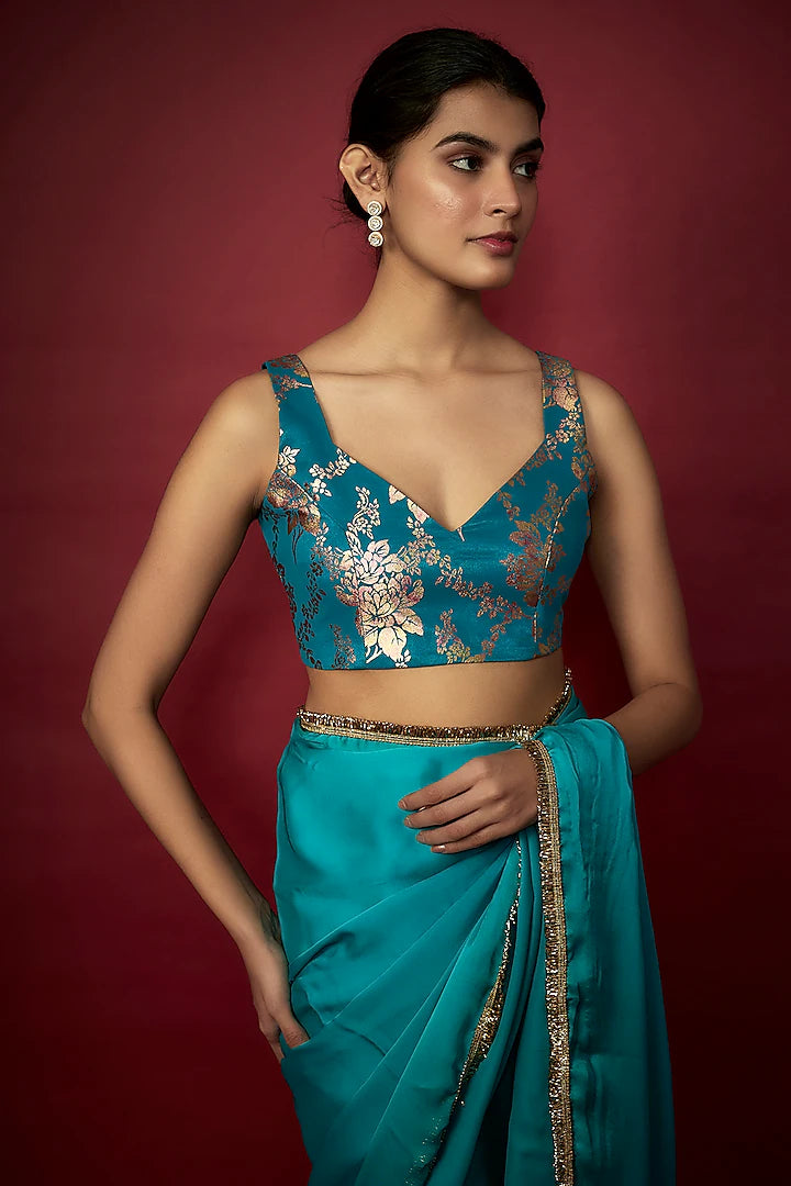 Teal Blue Recycled Polyester Gota Fringed Saree Set