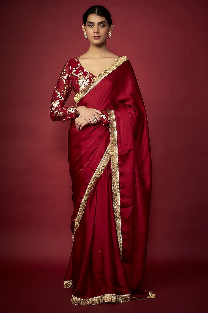 Maroon Recycled Polyester Gota Fringed Saree Set