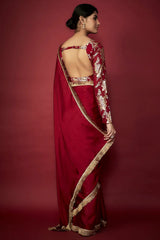 Maroon Recycled Polyester Gota Fringed Saree Set