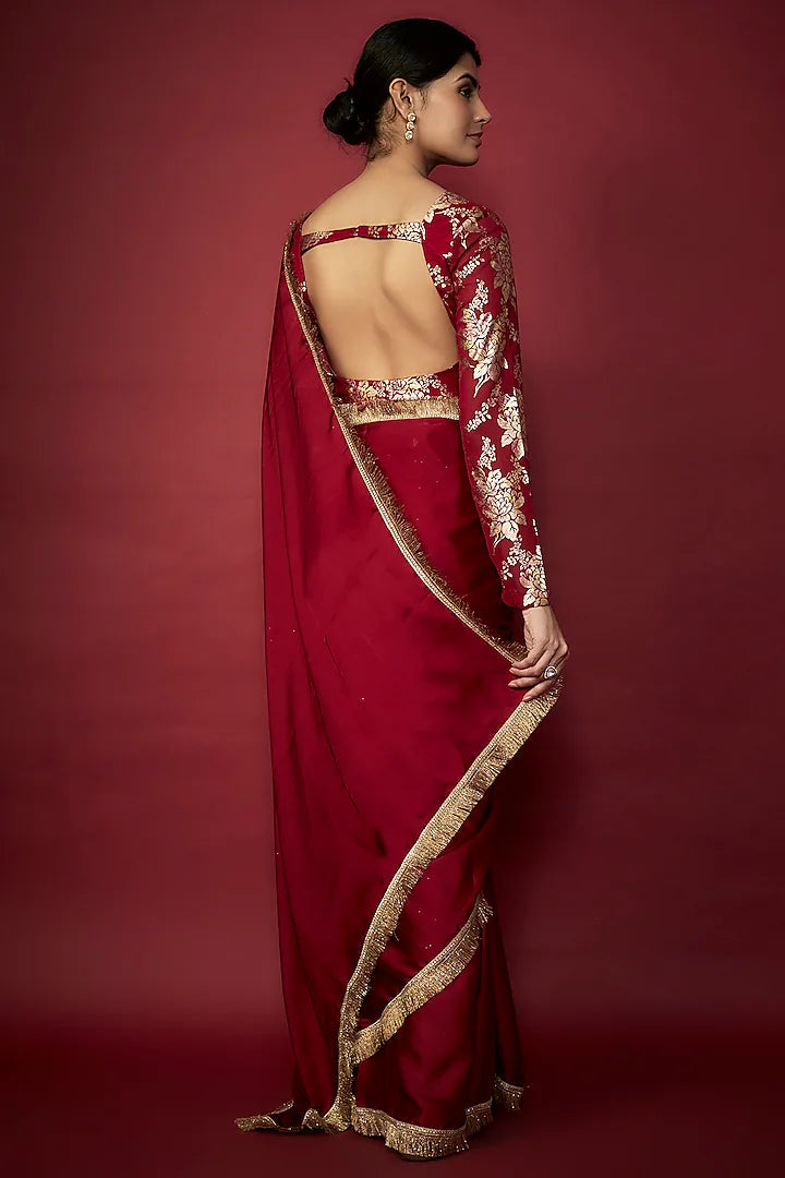 Maroon Recycled Polyester Gota Fringed Saree Set