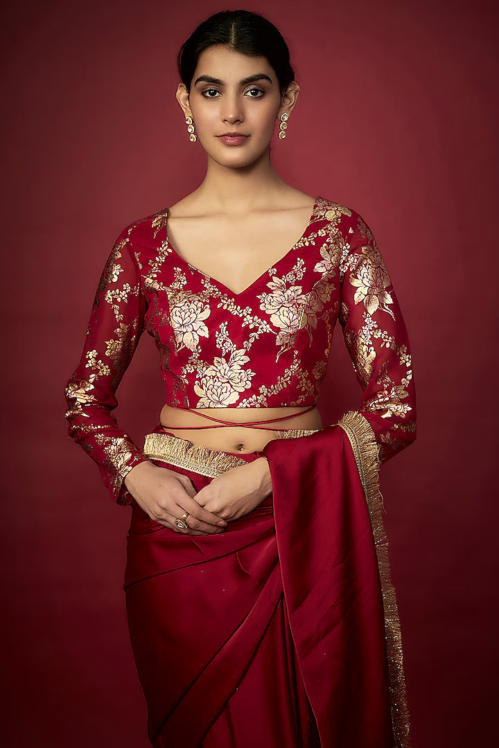 Maroon Recycled Polyester Gota Fringed Saree Set