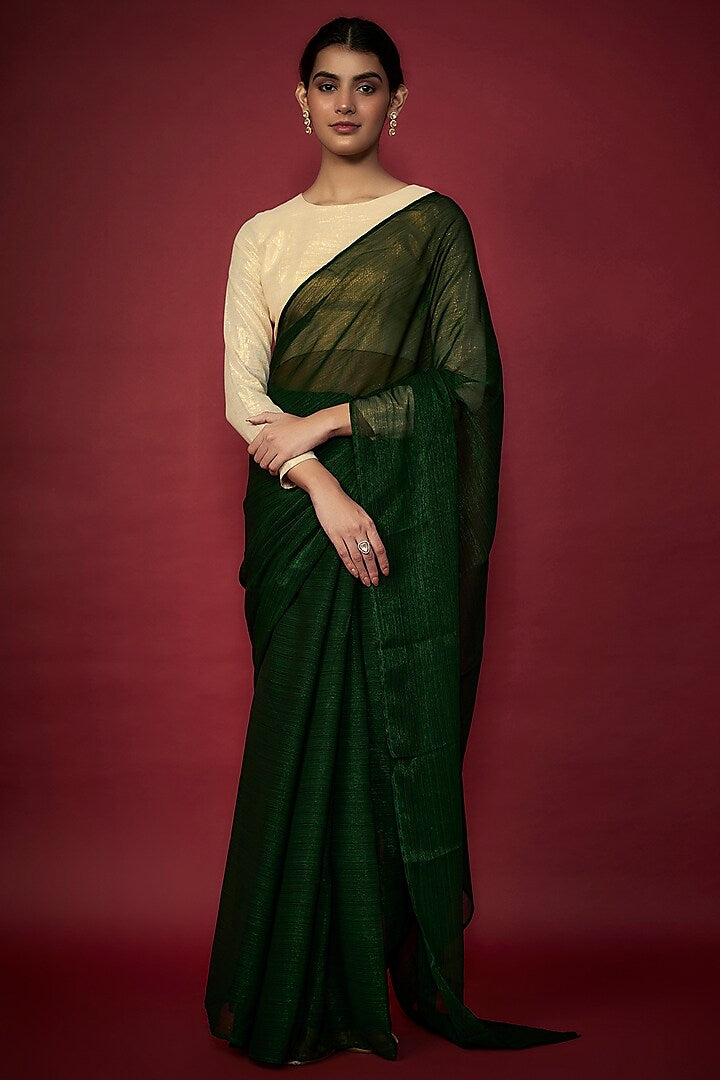 Olive Green Zari Chiffon Saree Set