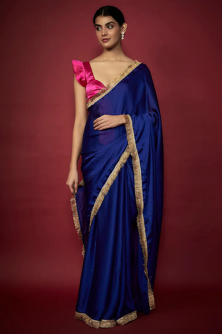 Electric Blue Recycled Polyester Fringed Saree Set