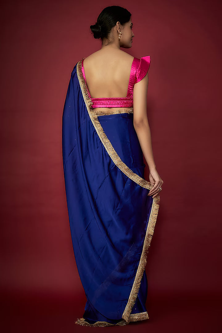 Electric Blue Recycled Polyester Fringed Saree Set