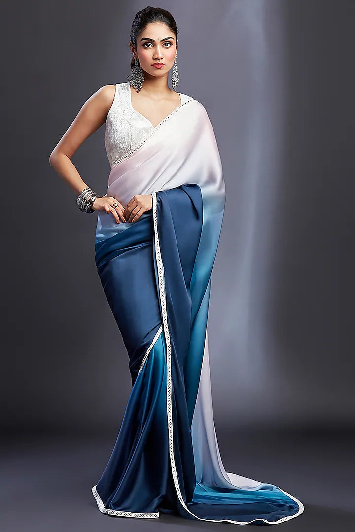 Blush Pink & Blue Ombre Satin Embellished Saree Set