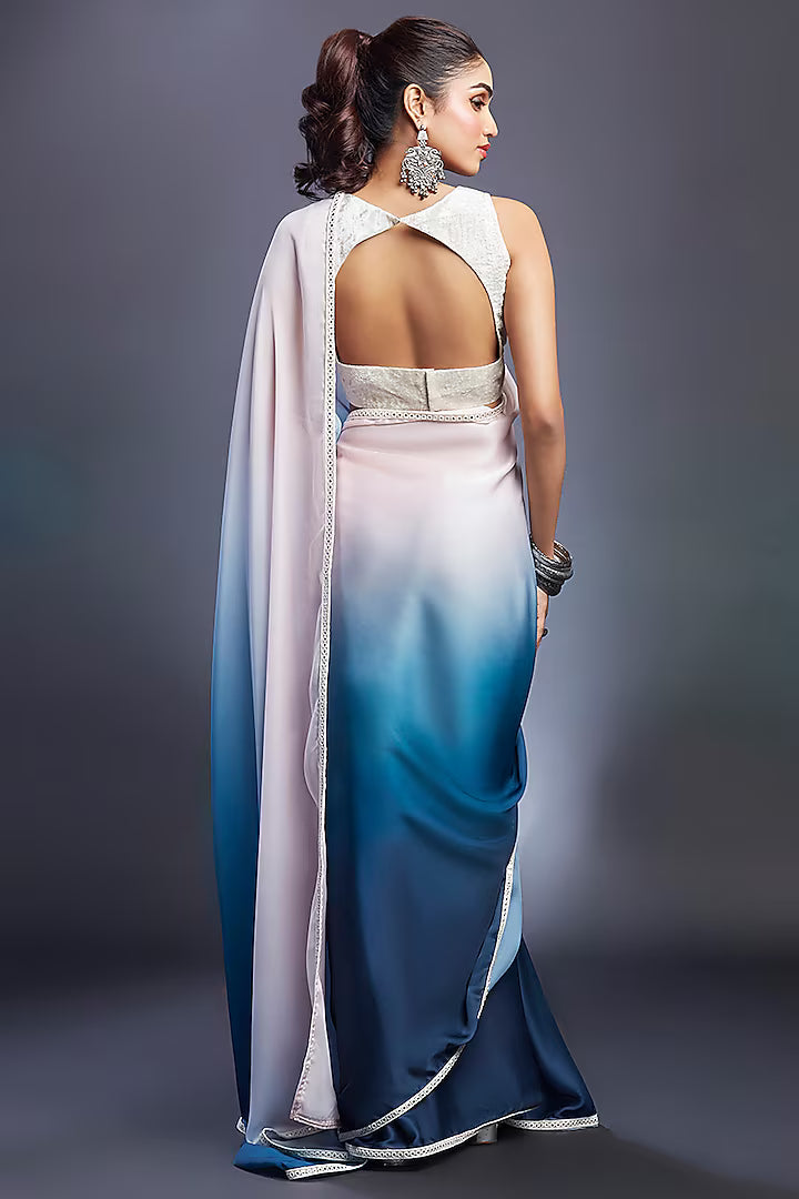 Blush Pink & Blue Ombre Satin Embellished Saree Set